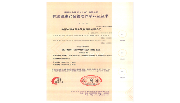 職業(yè)健康安全管理體系認(rèn)證證書(shū)
